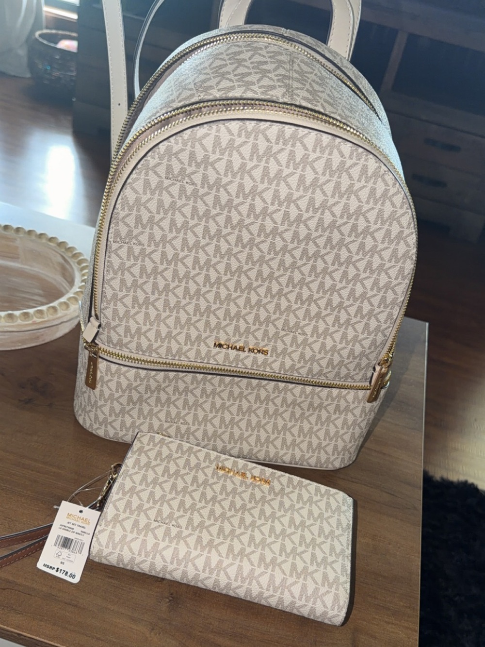 Michael Kors Cream MK Logo Backpack and Wallet Set with Gold Hardware